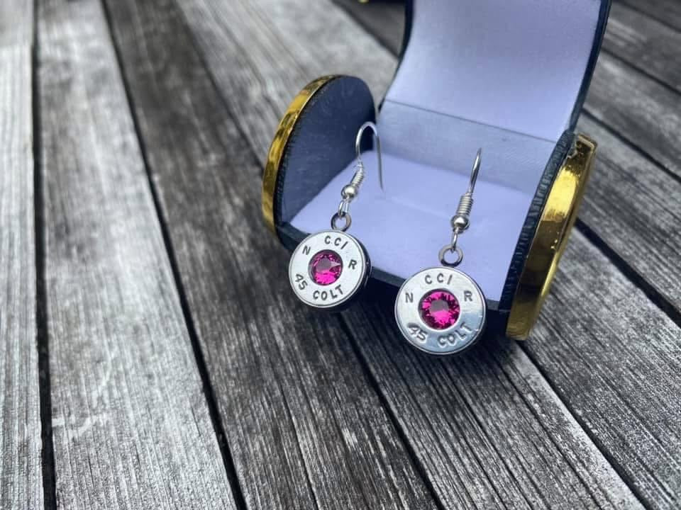 Brass Violet Drop Earrings - 40mm Police Round