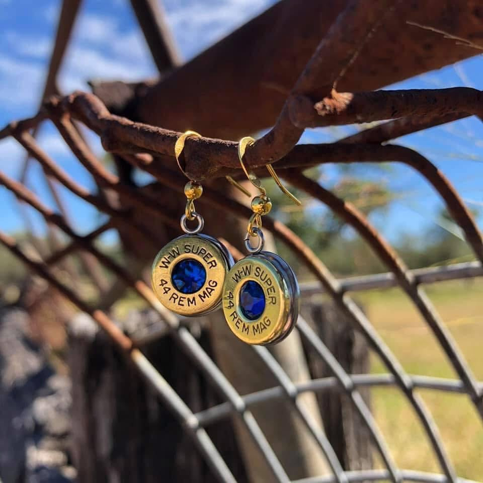 Recreated Dark Sapphire Brass Gold drop earrings