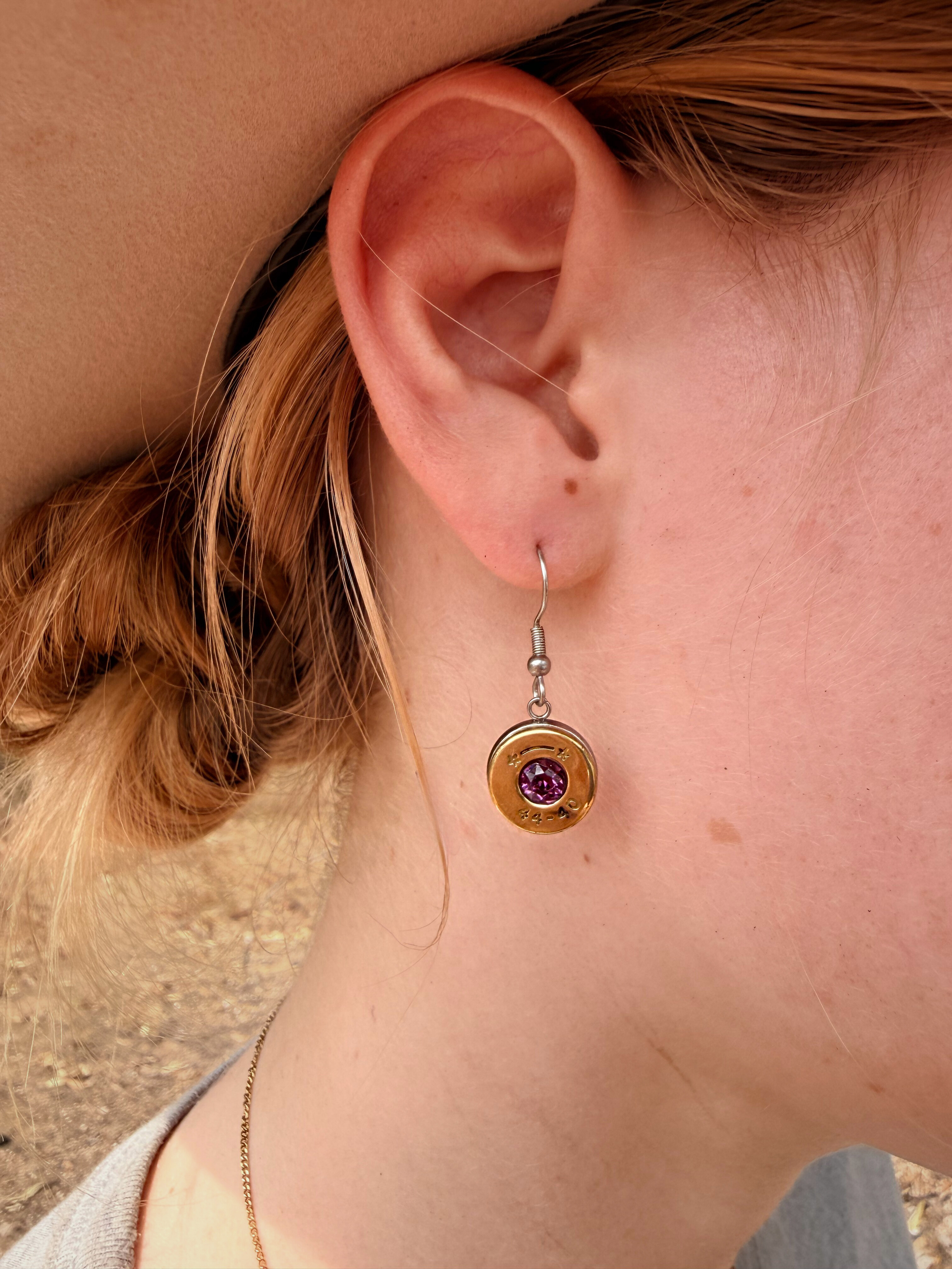 Brass Violet Drop Earrings - 40mm Police Round